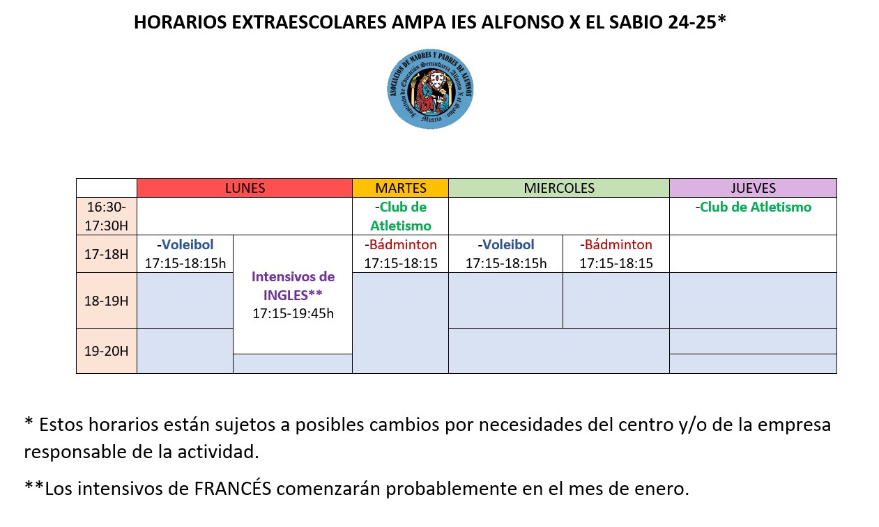 horarios de extraescolares 24 25